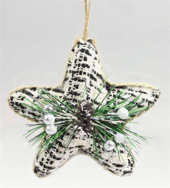 XJ433102    5.25H"x5"L Blk/Wht Tweed Fabric Star Ornament