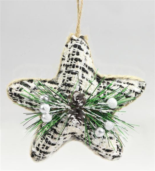 XJ433102    5.25H"x5"L Blk/Wht Tweed Fabric Star Ornament