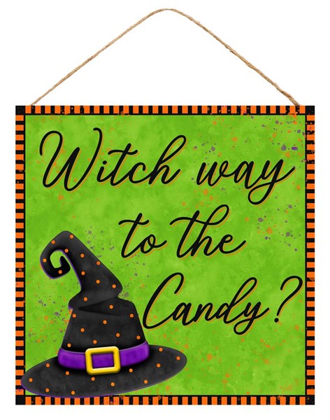 AP7055 10"Sq Witch Way to The Candy Sign Orange/Lime/Purple/Black