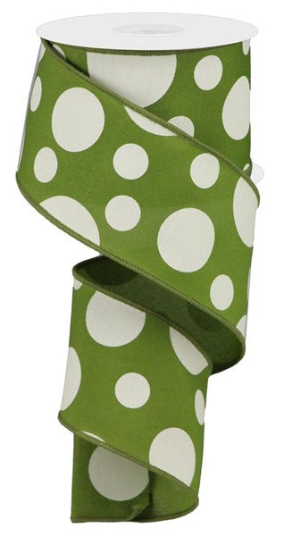 RGA193952  2.5" x 10yd Giant Three Size Dot/Pg Fabric Moss Green/Ivory