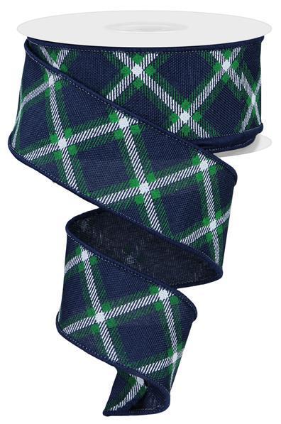 RGE156919    1.5" x 10yd Diagonal Dash Check/Faux Ryl   Navy Blue/Emerald/White