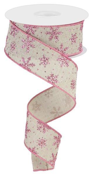 RGC187418     1.5" x 10yd Glitter Snowflakes    Lt Natural/Pink