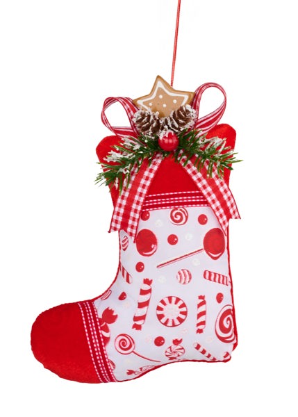 XJ5556     6.5"L x 7"H Stocking Ornament      White/Red/Green