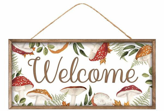 AP7303   12.5"L x 6"H Welcome/Mushrooms Sign    White/Brown/Rust/Red