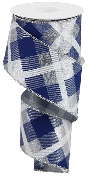 RGA1694TY  2.5" x 10yd Printed Plaid On Metallic Silver/Navy Blue/White