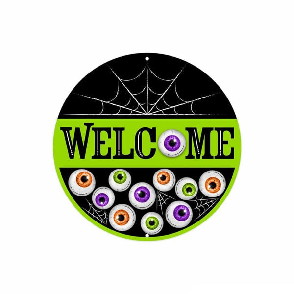 MD1369    8"Dia Metal Welcome W/Eyeballs Sign   Black/White/Orange