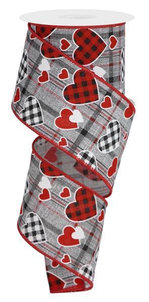 RGE107710  2.5" x 10yd Check Heart/Mini Heart/Plaid   Grey/Black/Red/White