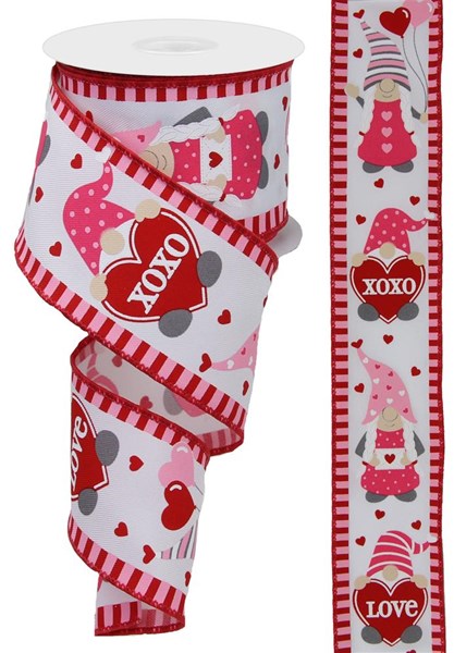 RGE114227 2.5"X10yd Valentine Gnomes on Diagonal Wht/Pnk/Lt Pnk/Gry