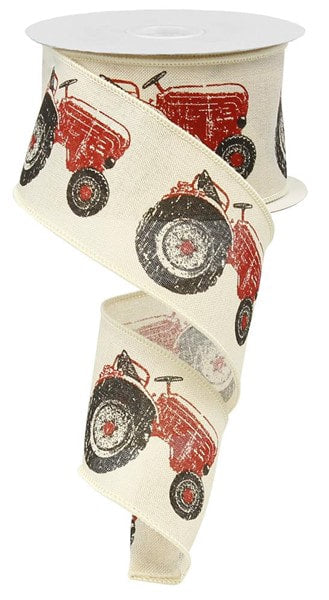 RG014873H 2.5"X10yd Red Tractor on Royal Burlap Cream/Red/Black