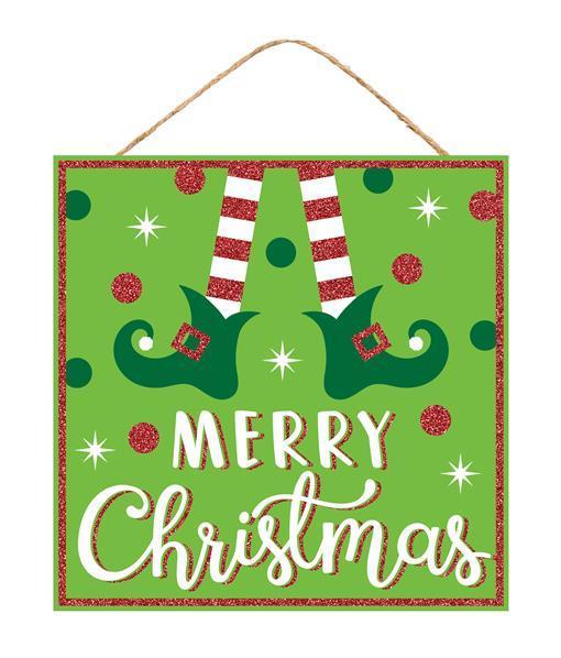 AP897059    10"Sq Merry Christmas Elf Glitter Sign   Lime/White/Emerald/Red