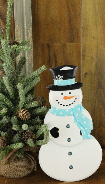 MD0726 12"H X 6.5"L Blue Embossed Snowman W/Scarf White/Ice Blue/Black