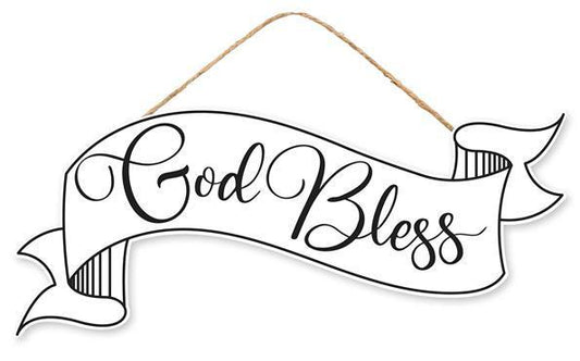 AP7289   15"Lx6.25"H God Bless Banner Sign  Black/White