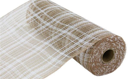 RY834548   10.25" x 10yd Farmhse Plaid Faux Jute Mesh   Natural/White