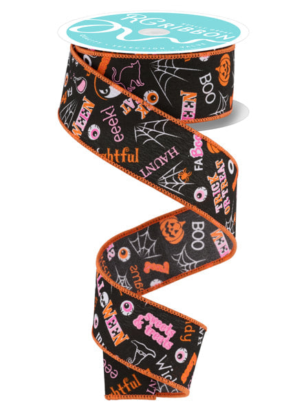 RGF1304J6  1.5" x 10yd Halloween Words  Blk/Pink/Orng/Lt Pnk