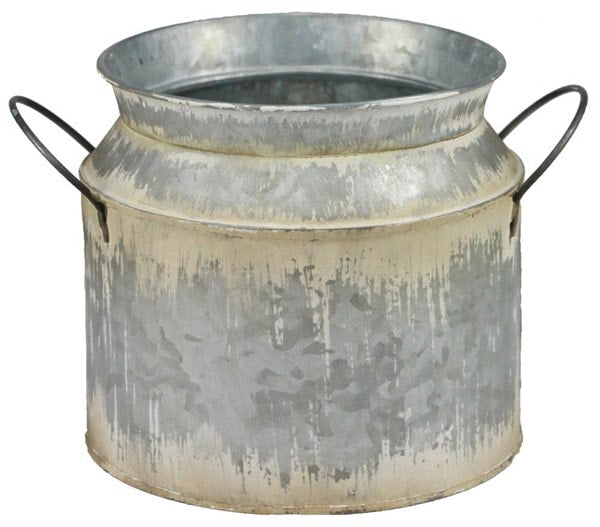 KE1854   5.75"Dia x 5.75"H Short Milk Can     Antique Galvanized/White