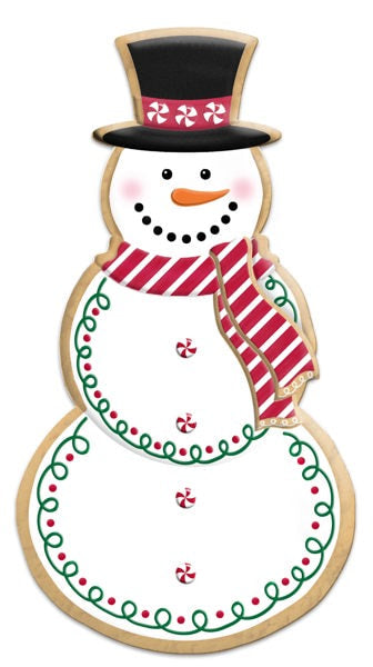 MD1494C3   12"H Metal Snowman Cookie W/Stripe Scarf  White/Black/Red/Emrld/Org