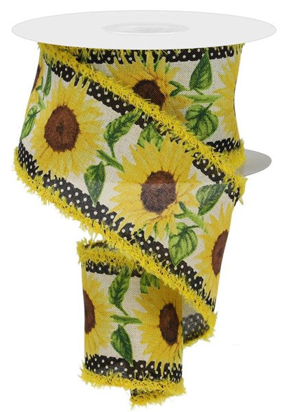 RGA8524C2  2.5" x 10yd Sunflowers W/Polka Dots/Drift Cream/Yellow/Brown/Green