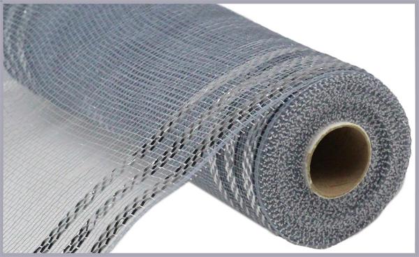 RE850226  10" x 10yd Border Stripe Metallic Mesh Silver W/Silver Foil