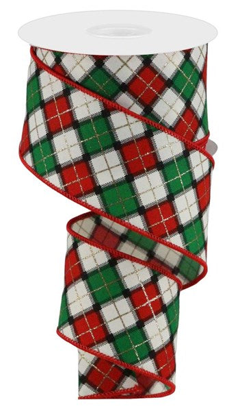 RGC196433 2.5"X10yd Printed/Glitter Check/Diagonal Ivory/Red/Emerald/Blk/Gld