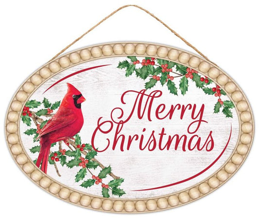 AP7337    13"L x 9"H Merry Christmas/Cardinal Sign     White/Red/Green