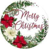 MD0746  12 Metal Sign: Merry Christmas Poinsettia - Round Metal Decorative Sign