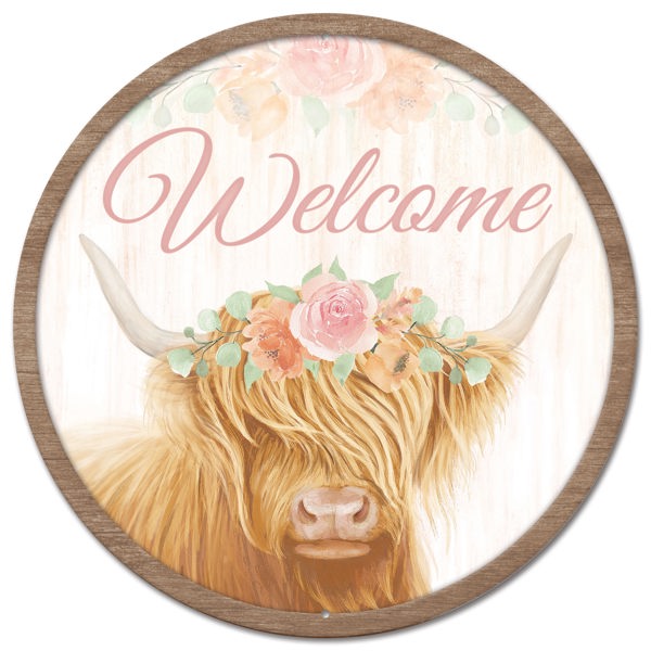 MD138544    12"Dia Metal Welcome W/Cow Sign   Brown/Cream/Dusty Rose