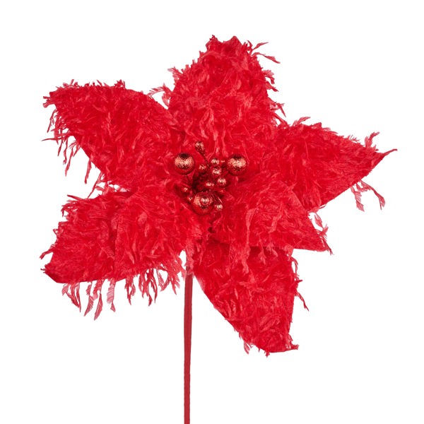 XS410224   11"Dia Furry Feather Fabric Poinsettia  Red