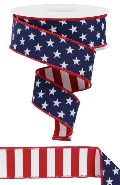 RGX005619  1.5" x 10yd Stars/Stripes Fused Back Navy Blue/Red/White