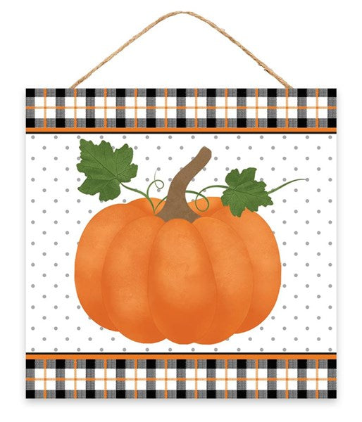 AP7053 10"Sq Pumpkin W/Plaid Border Sign Black/Orange/Green/White