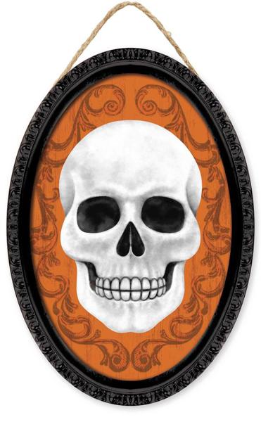 AP729720  13"Hx9"L Framed Skull Oval Sign     Black/White/Orange