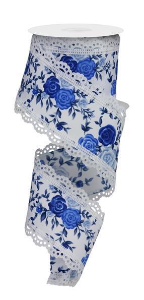 RGA8592RW   2.5" x 10yd Mini Roses/Lace   White/Multi Blue