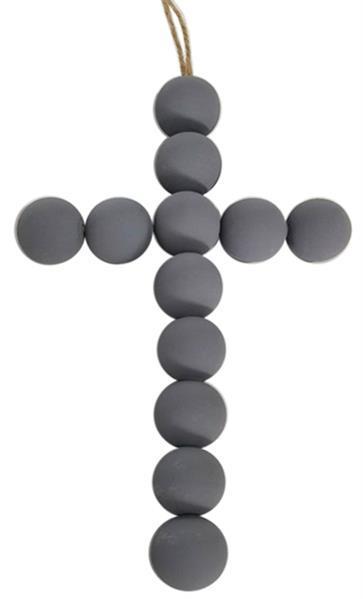 AW969110  8"H x 5"L Wood Bead Cross Ornament    Painted Grey