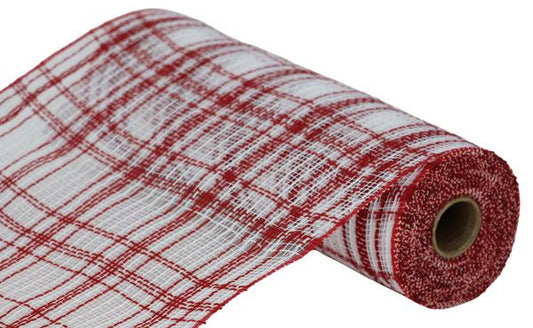 RY834549  10.25" x 10yd Farmhse Plaid Faux Jute Mesh Red/White